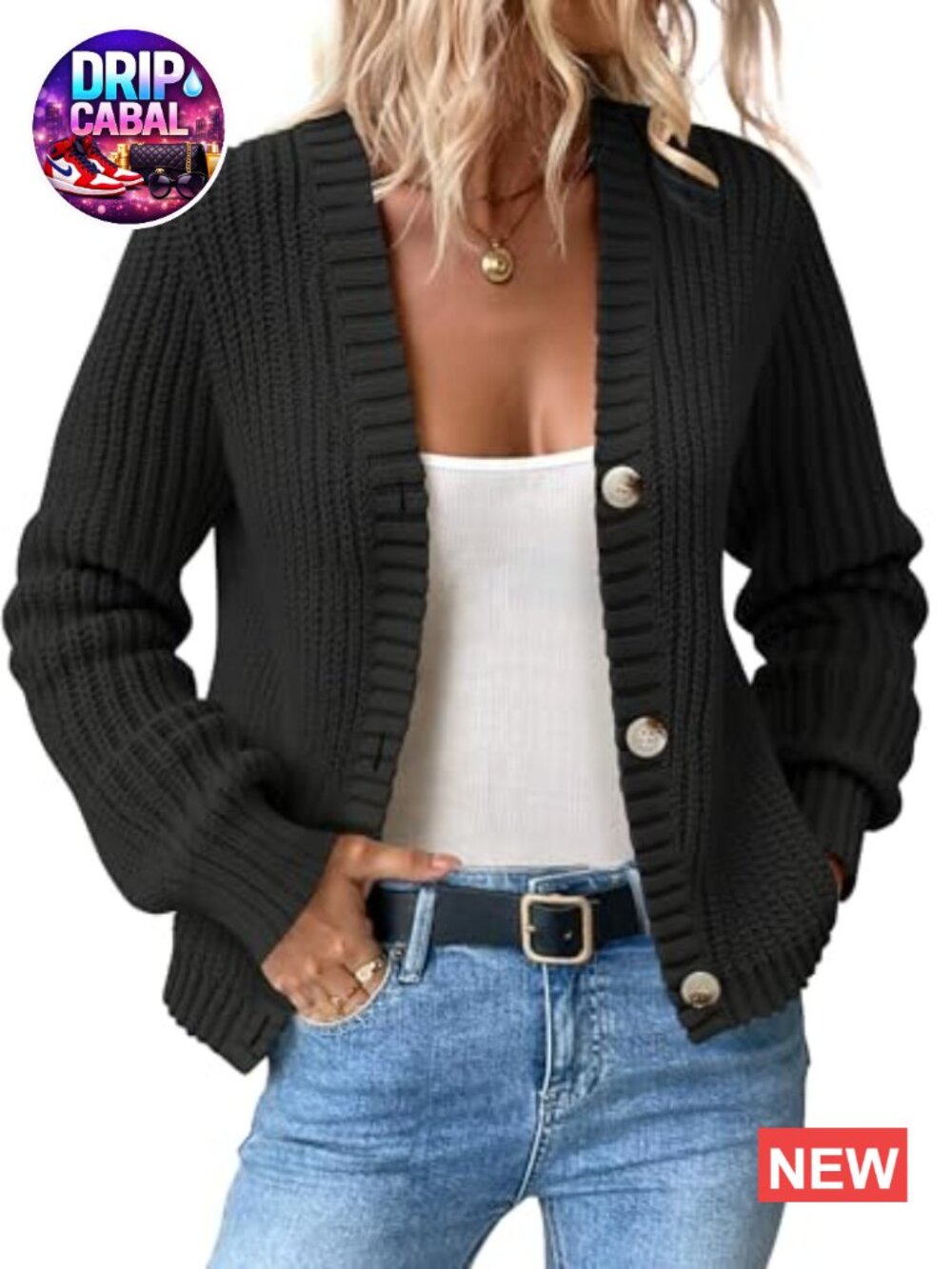 Chunky Waffle Knit Oversized Cardigan - Button Down V-Neck Casual Layering - Picture 2 of 6
